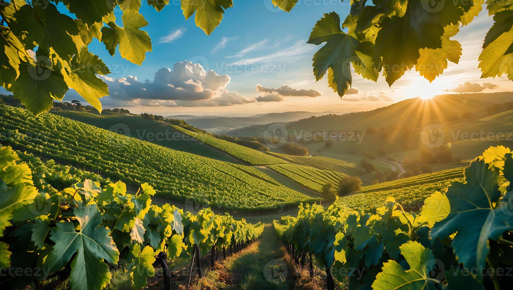Vineyard Landscape at Sunset with Rolling Hills and Warm Light photo
