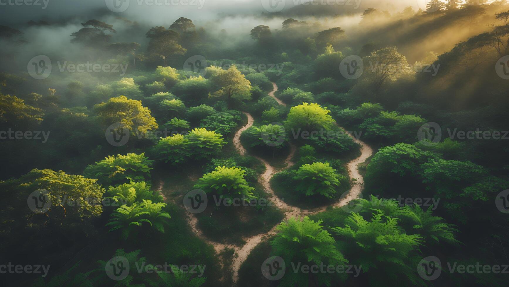 Winding Path Through Lush Green Forest with Mist and Sunlight photo