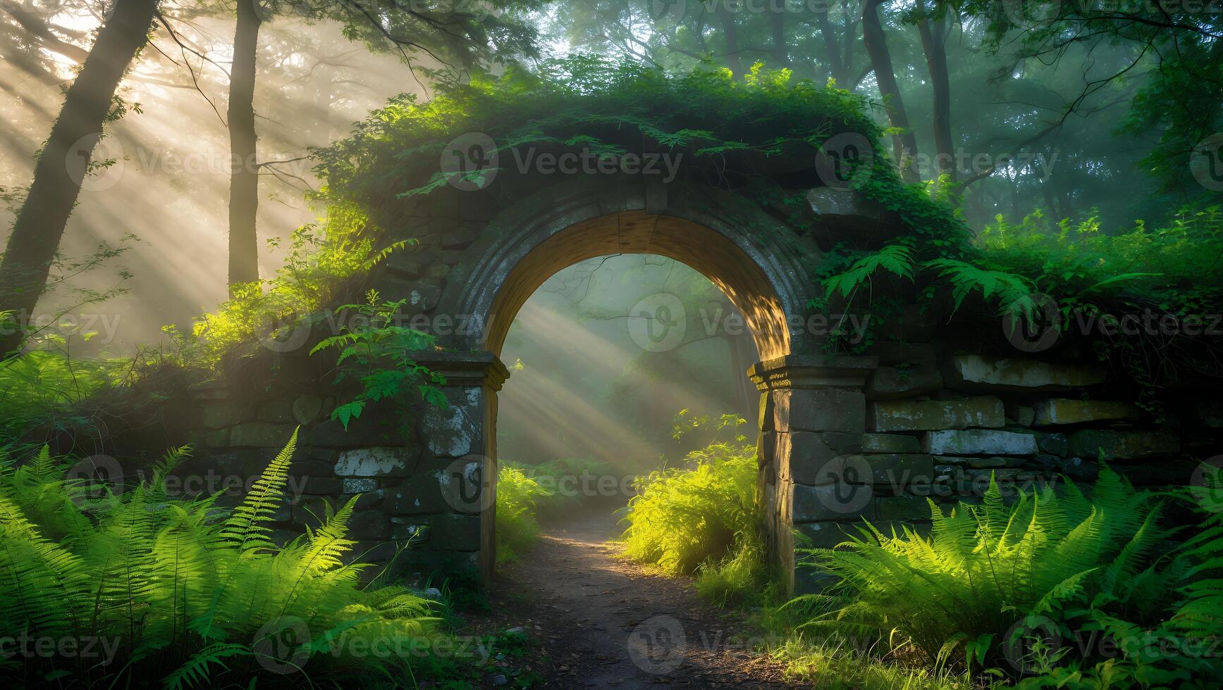 Entering Mystical Forest Archway with Sunlight and Ferns Creates Enchanting Scene photo