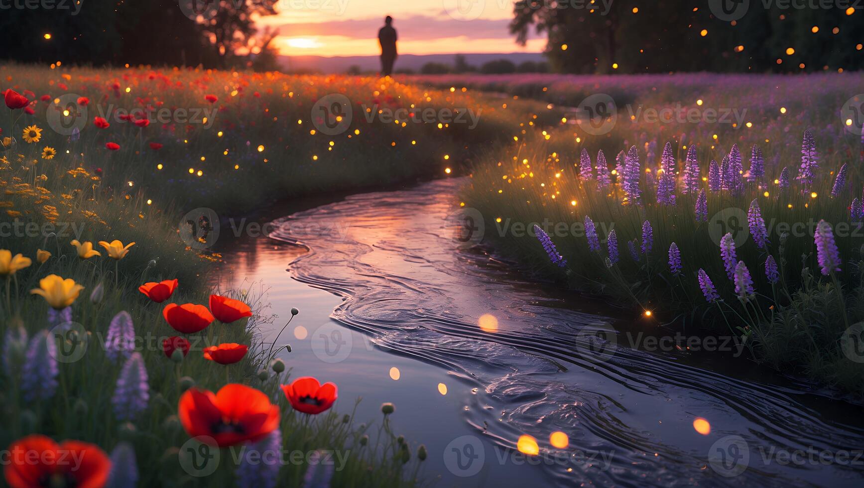 Person Walks by Stream Through Field with Flowers at Sunset photo