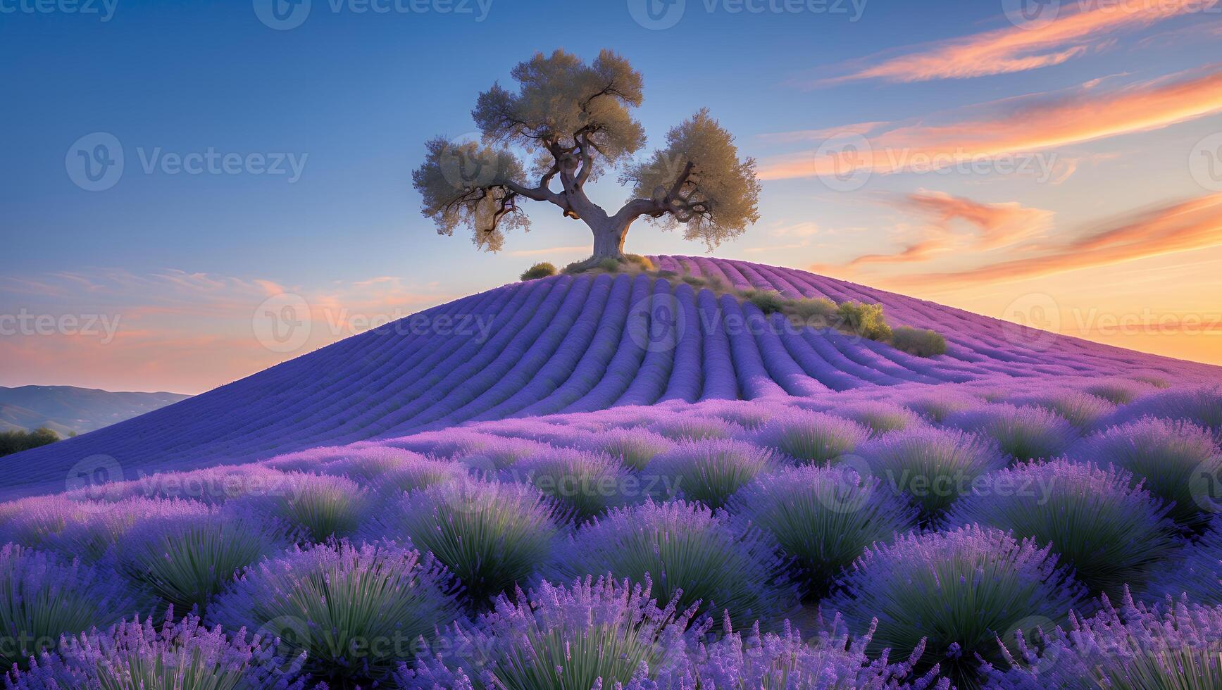 Lavender Field at Sunset with a Lonely Tree on Hill photo
