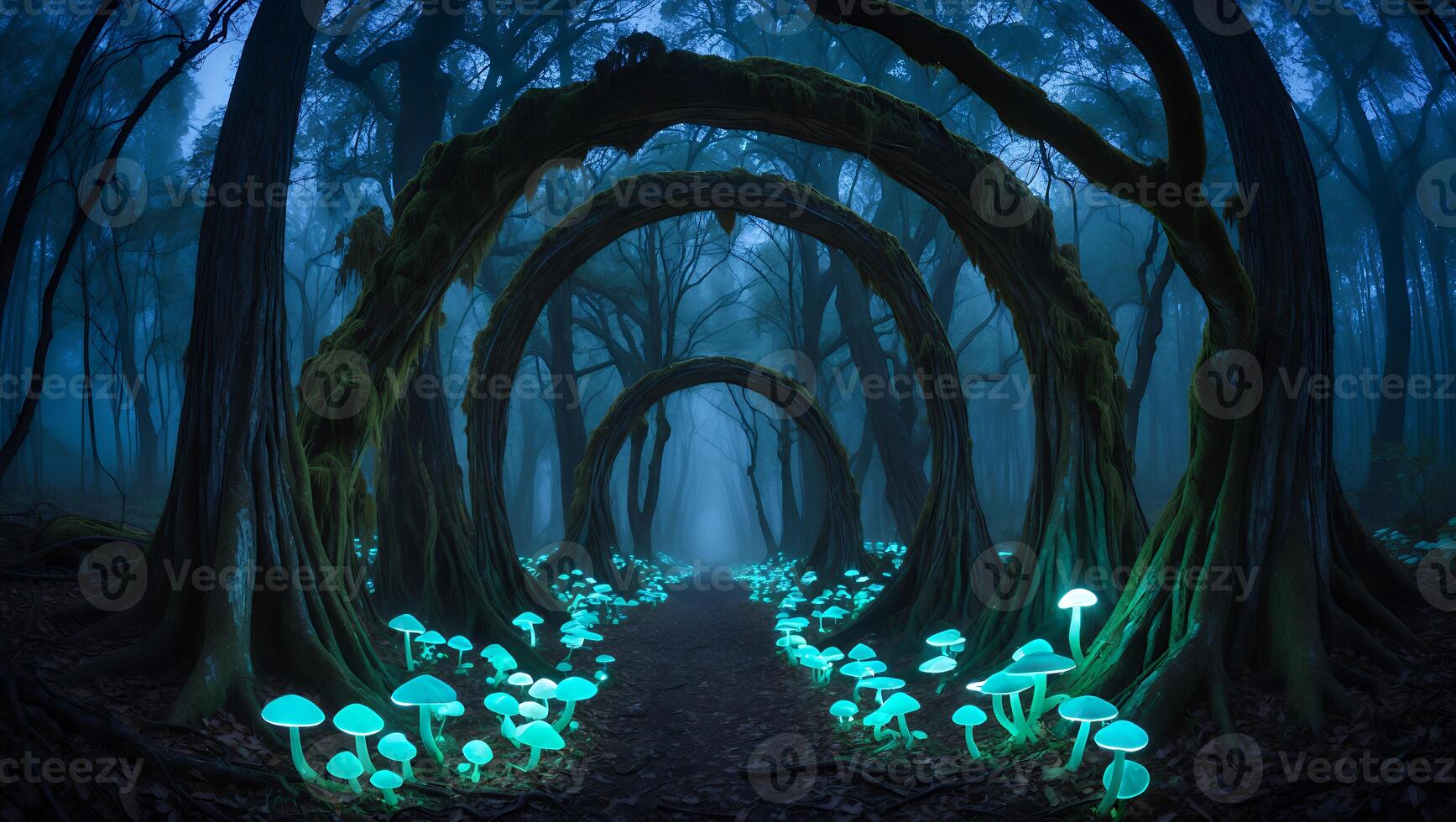 Enchanted Forest Path with Glowing Mushrooms and Mossy Arches photo