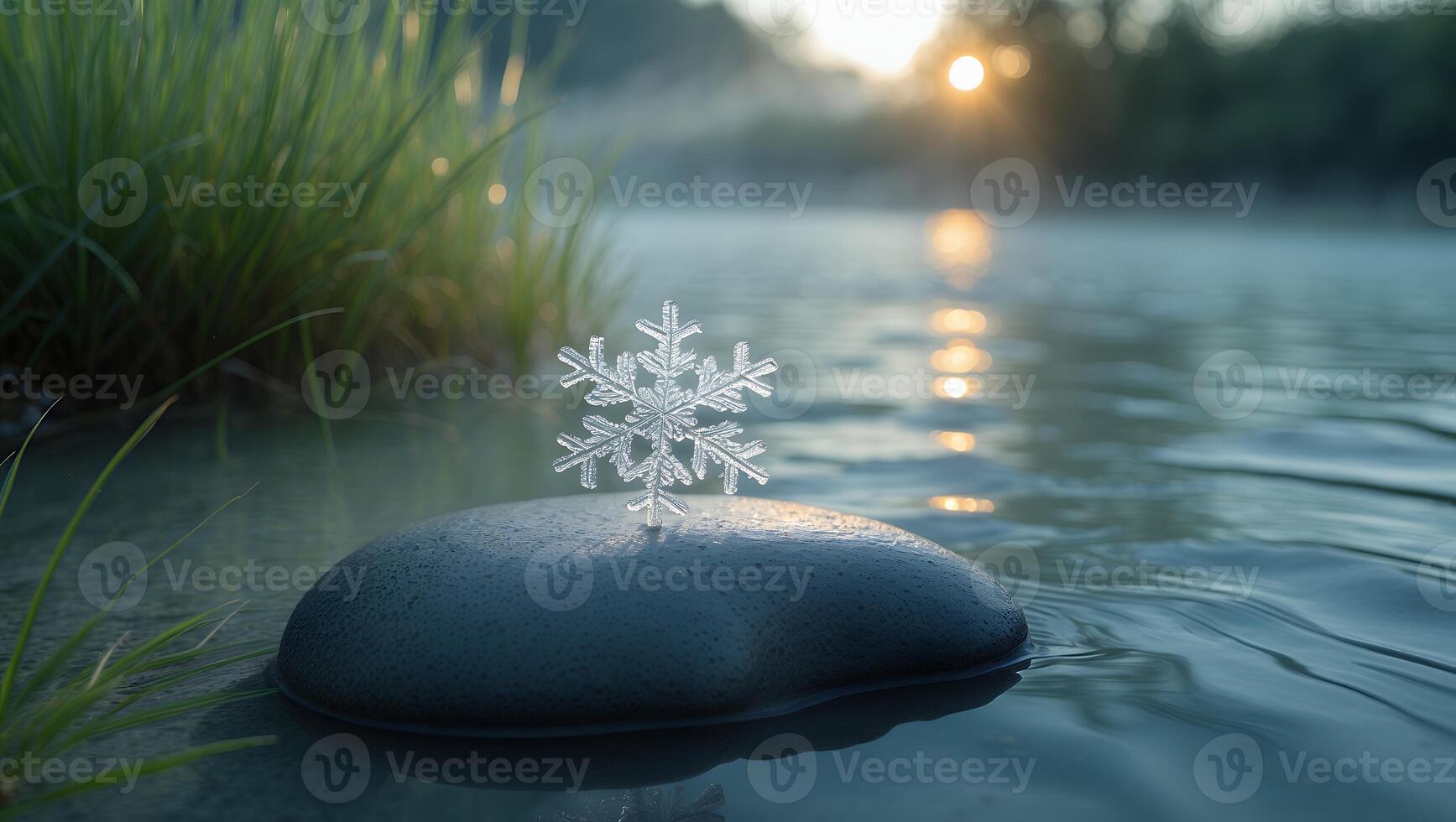 Snowflake on Rock in Water at Sunrise Creates Cold Atmosphere photo