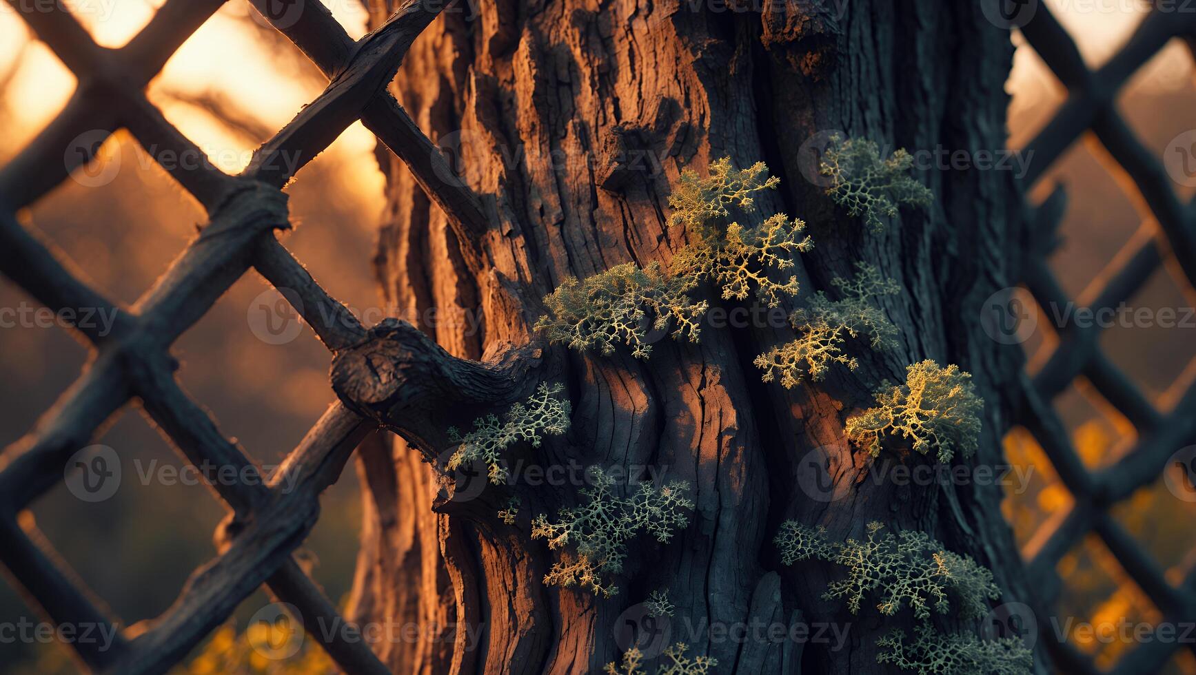 Tree Trunk and Rustic Fence with Lichen in Golden Light photo