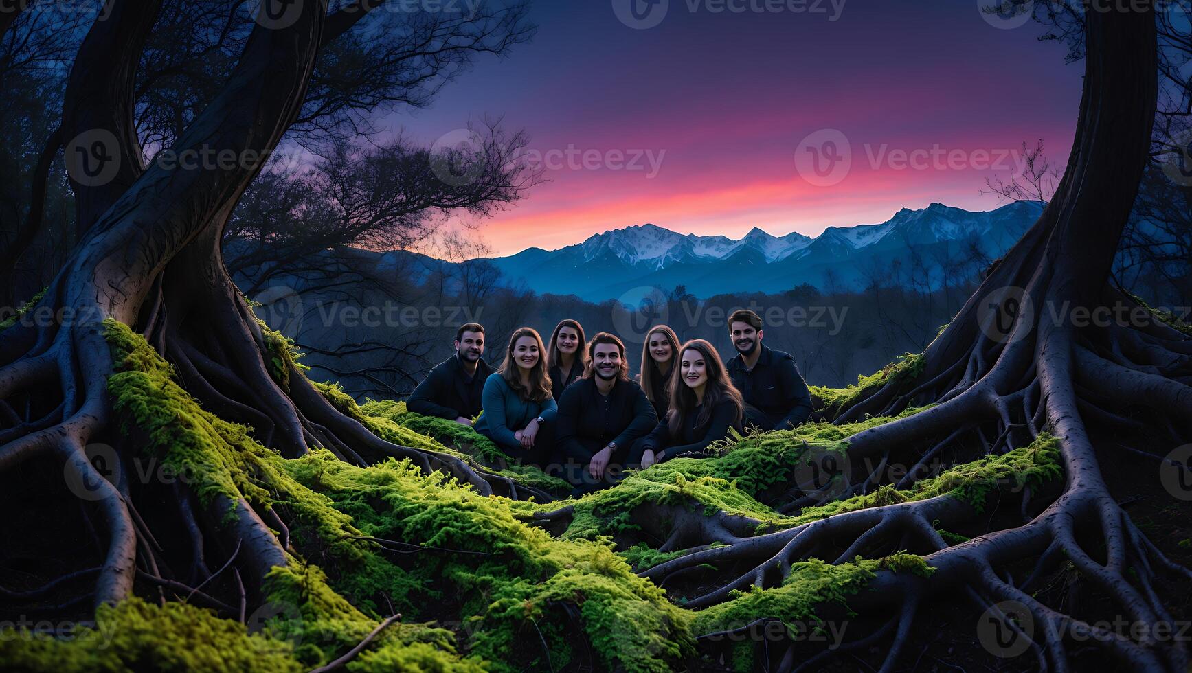 Group Enjoying Forest Landscape with Moss Covered Roots and Mountains photo