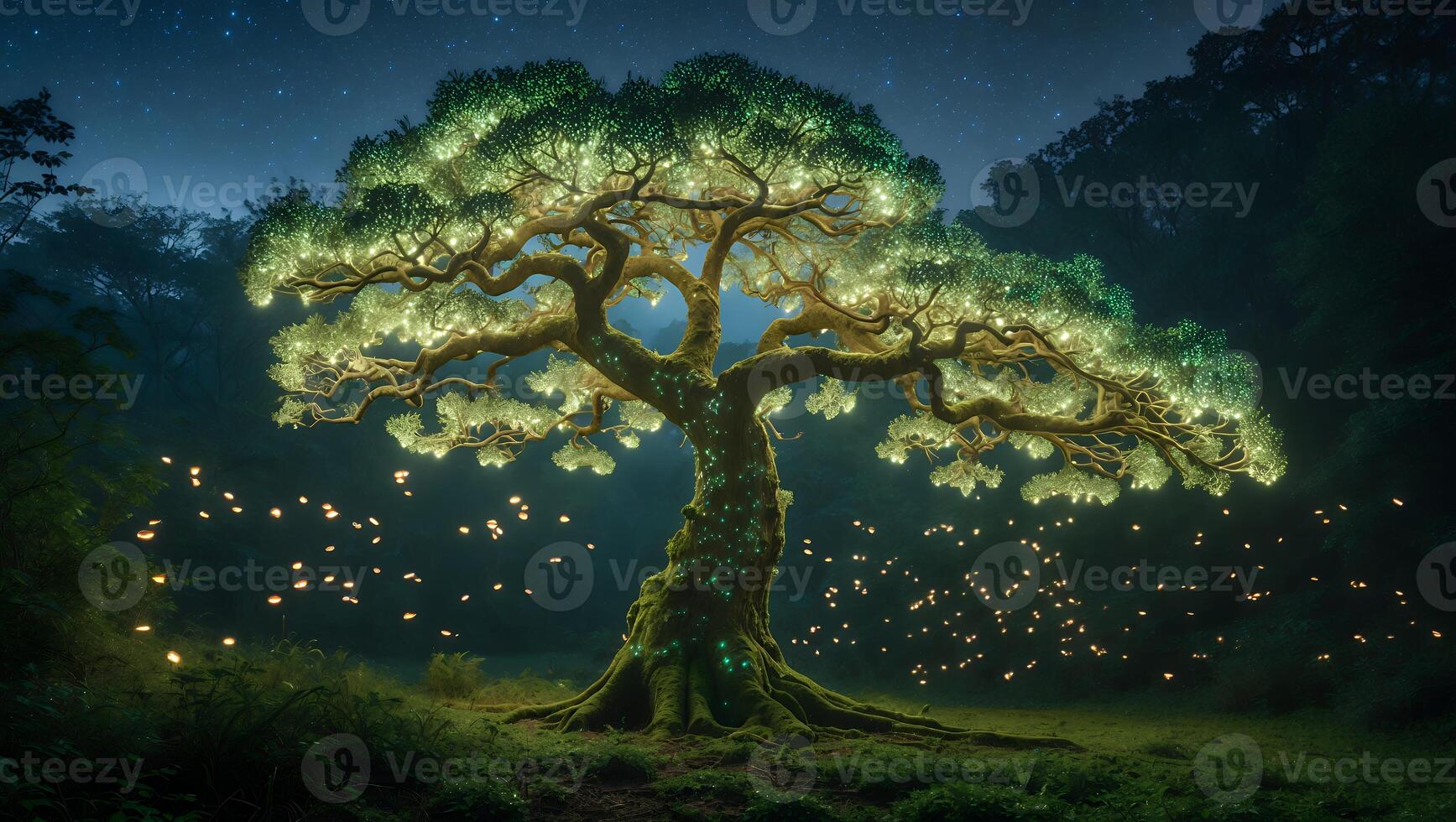 Glowing Tree with Lights in Forest at Night with Fireflies photo