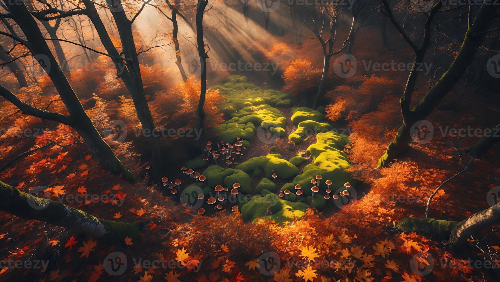 Sunlight in Autumn Forest Illuminating Mossy Ground and Fallen Leaves photo