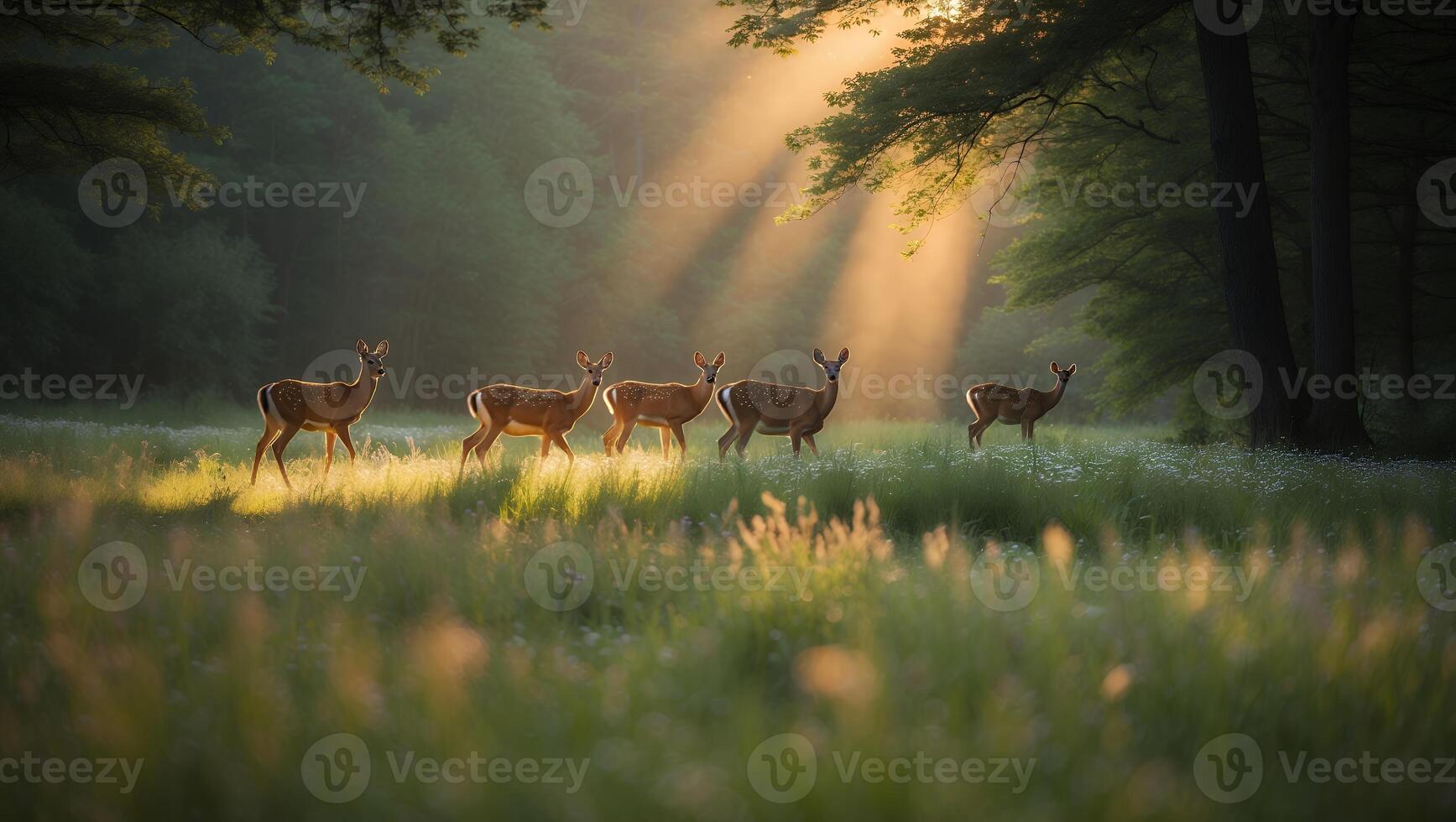 Deer Walking in Sunlit Meadow Near Forest in Golden Light photo