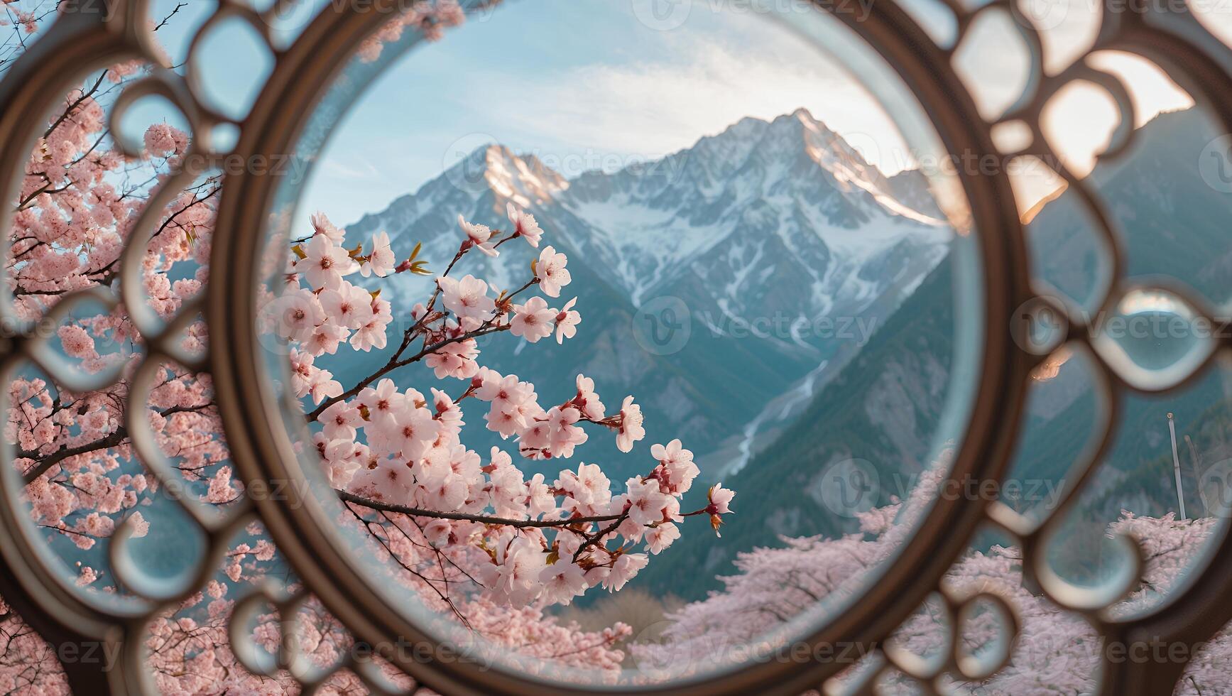 Cherry Blossom and Mountain View Through Ornate Window Frame photo