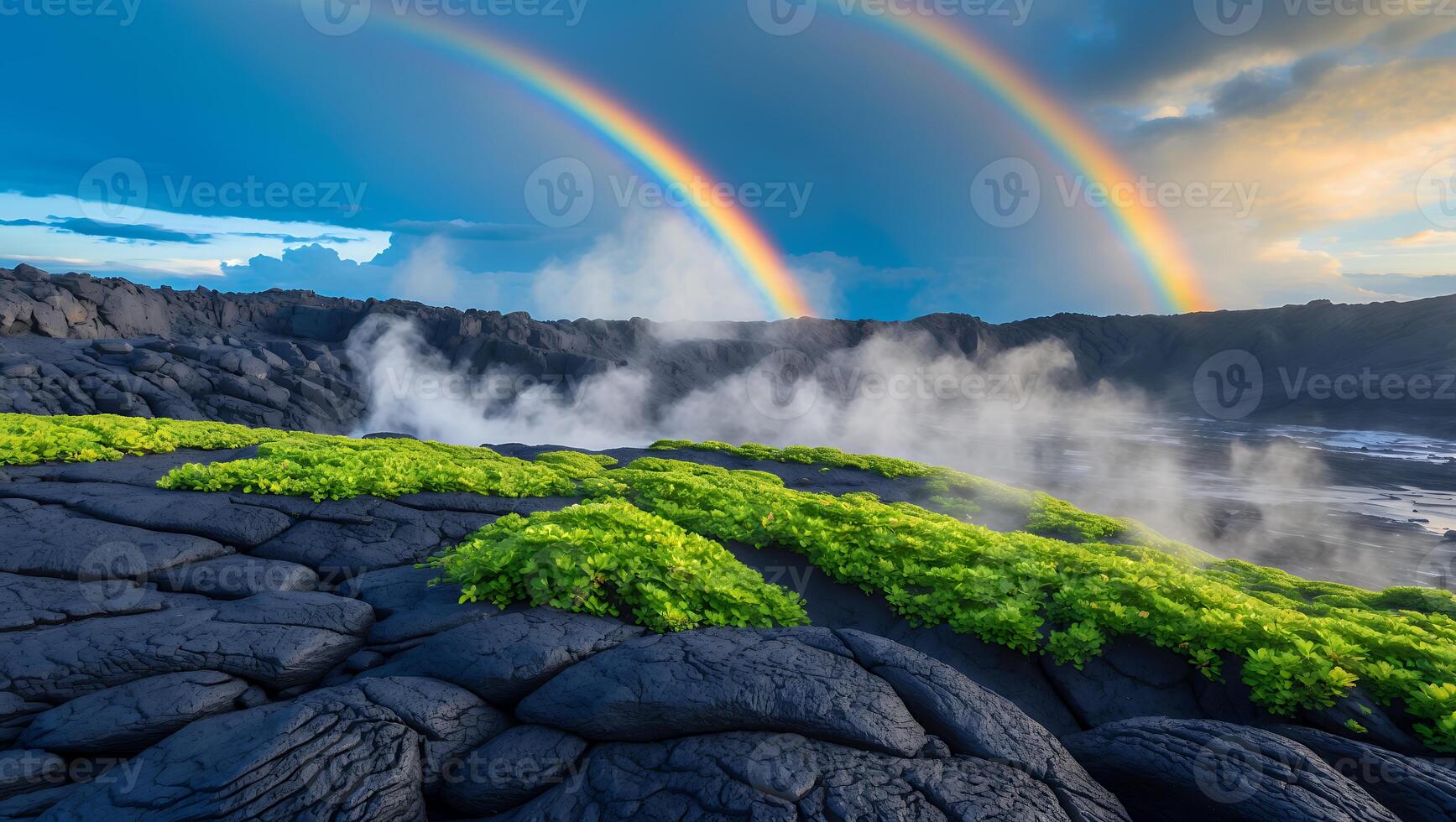 Double Rainbow Over Lava Rock with Green Vegetation and Steam photo