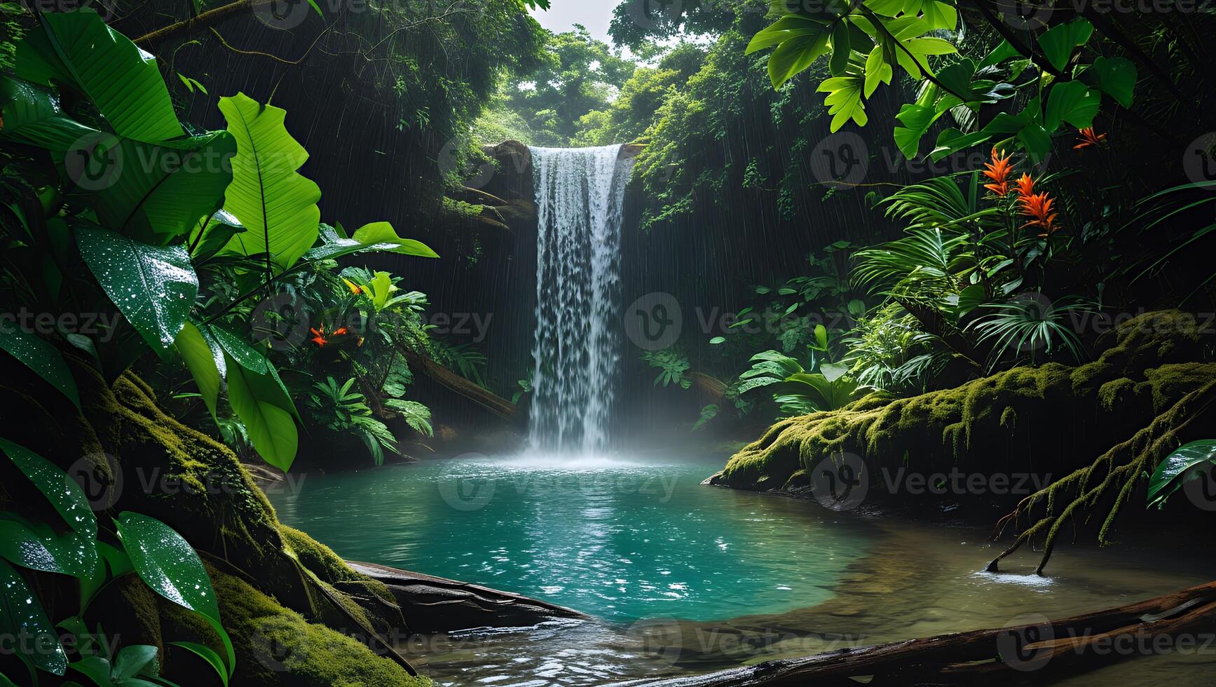 Waterfall Splashing Into Tropical Pool Surrounded by Lush Greenery and Moss photo