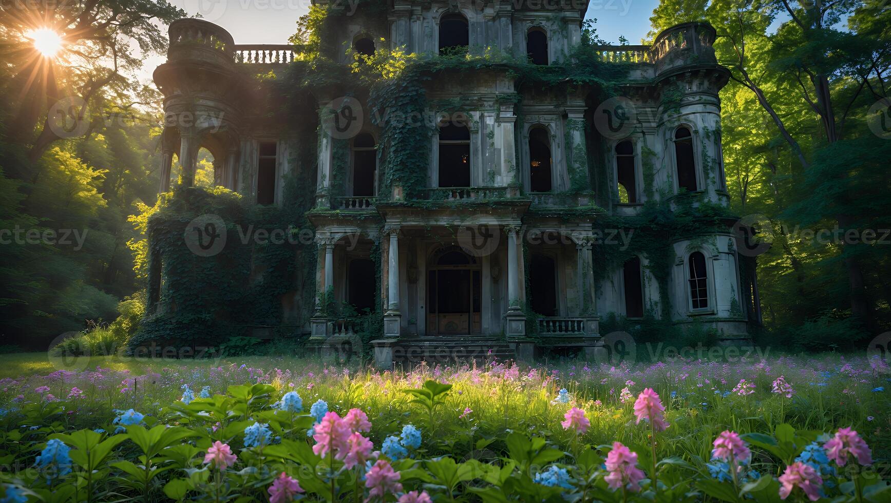 Exploring an Old Mansion with Flowers and Lush Greenery Around photo