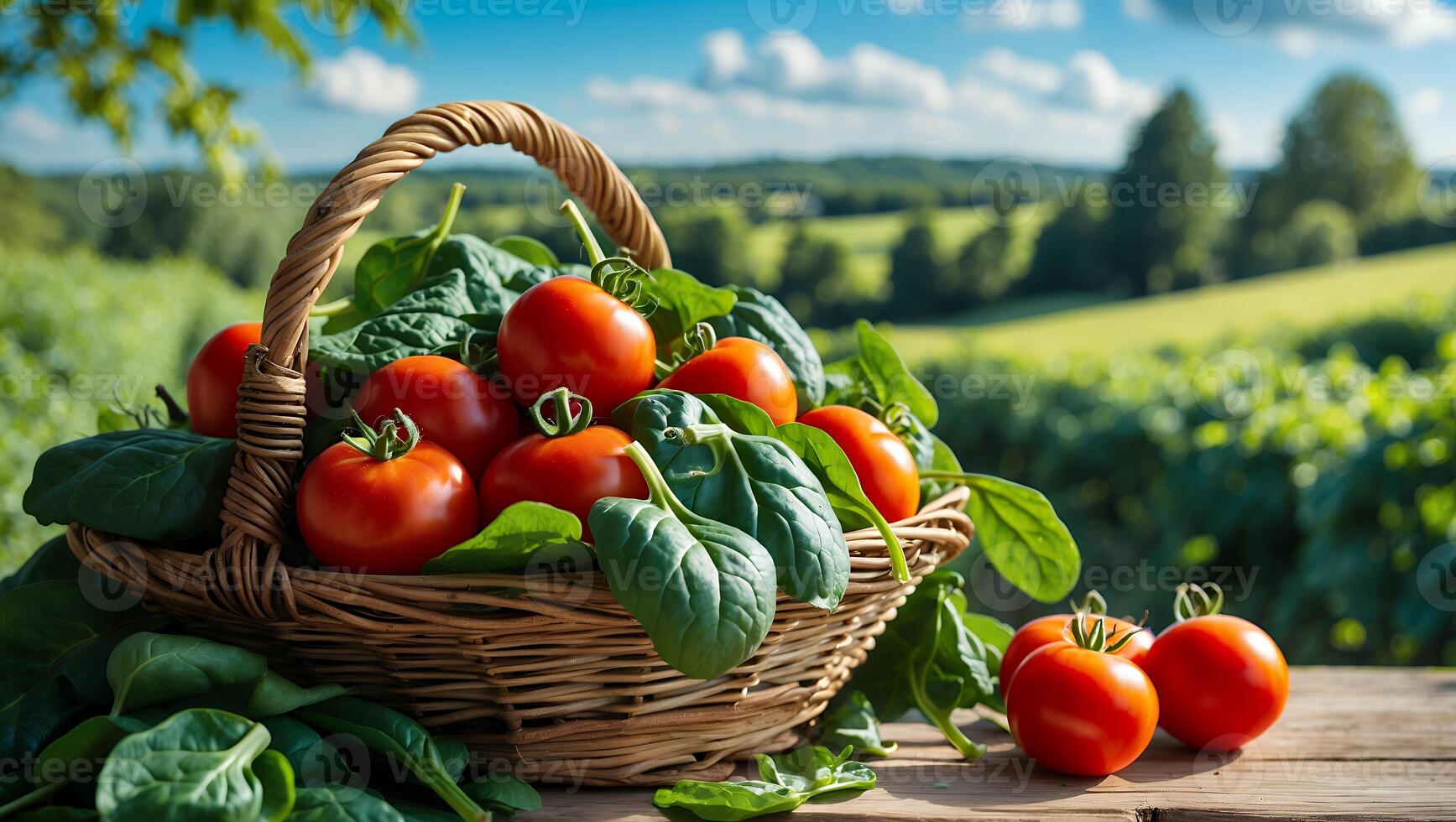 Harvesting Fresh Tomatoes and Spinach in a Wicker Basket Outdoors photo