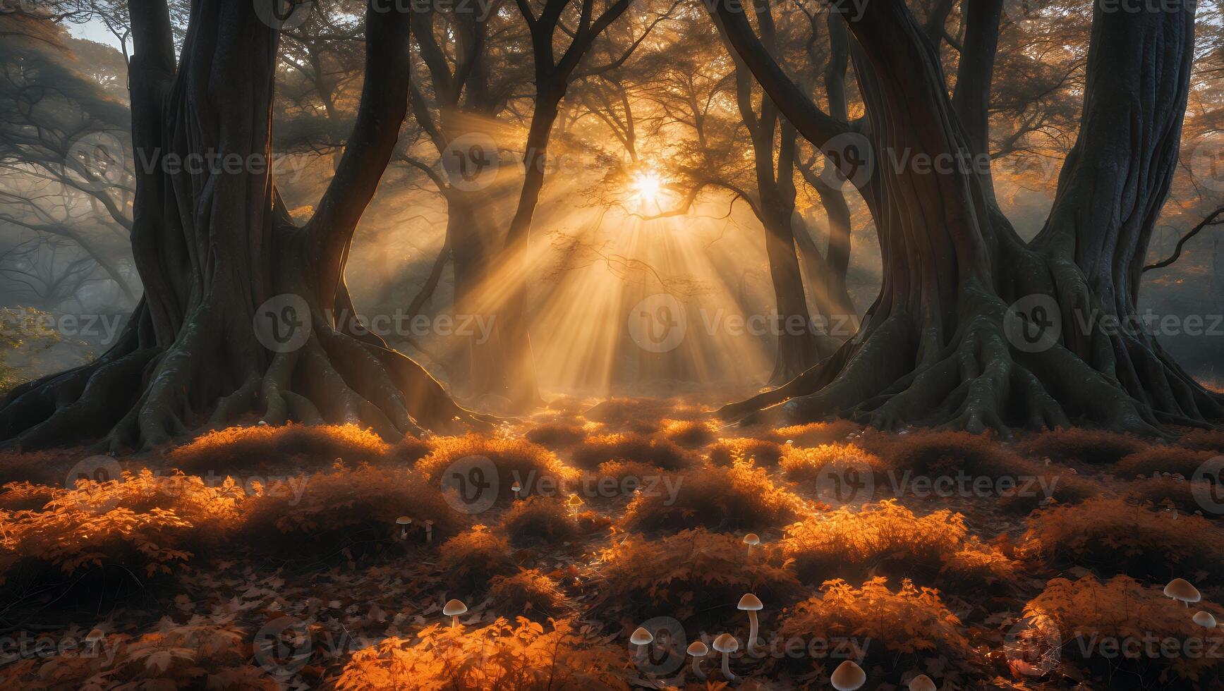 Sun Rays Shining Through Trees in a Mystical Autumnal Forest photo