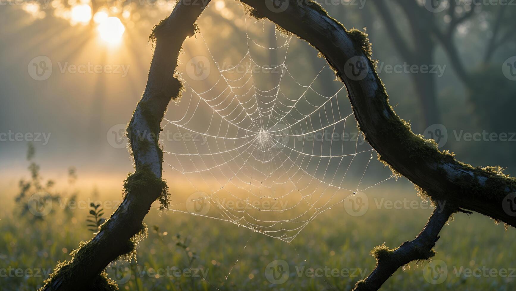 Spiderweb on Mossy Branch at Sunrise with Foggy Meadow Background photo