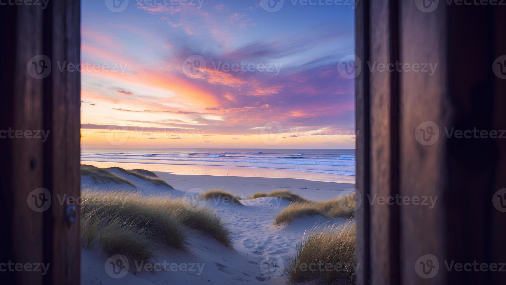 Sunset Ocean View Through Open Door Frame with Sand Dunes photo