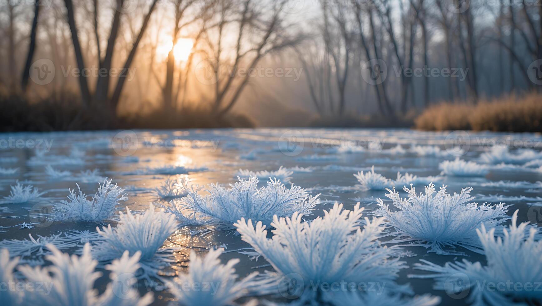Frozen Lake Crystals at Dawn with Mist and Tree Silhouette photo