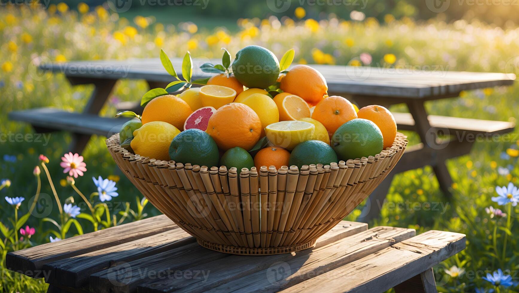 Basket of Fresh Citrus Fruits on Wooden Table in Sunny Meadow photo
