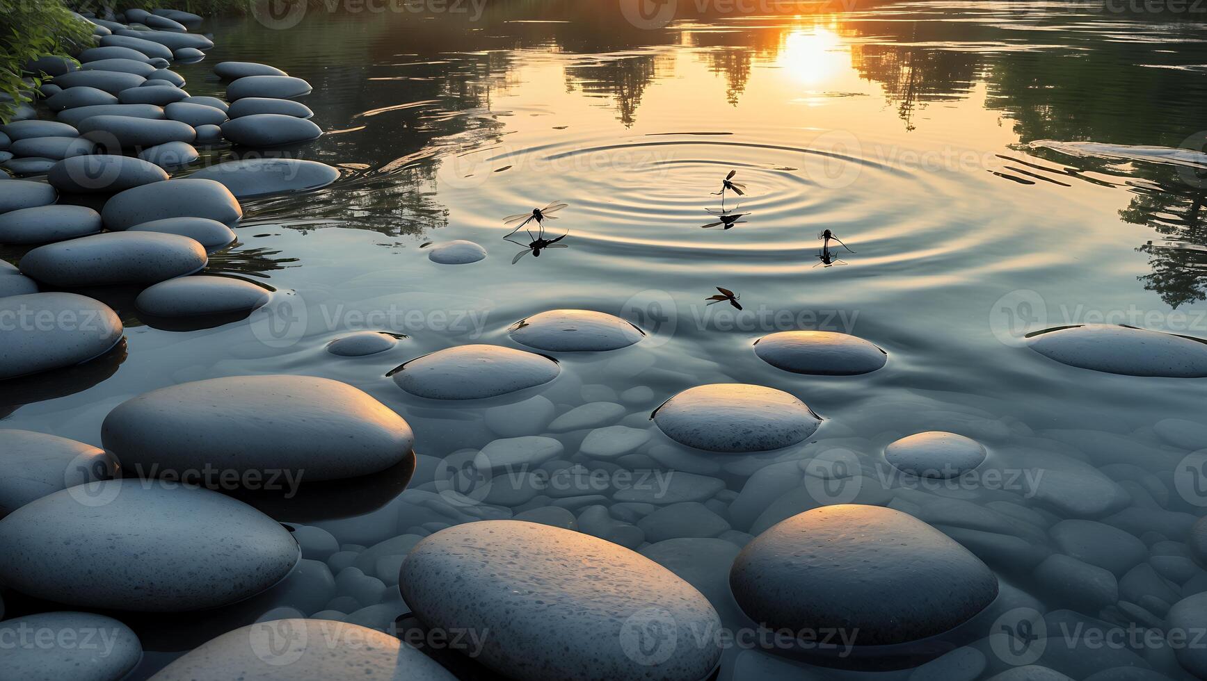 Water Striders on Pond Water at Sunset with Smooth River Rocks photo