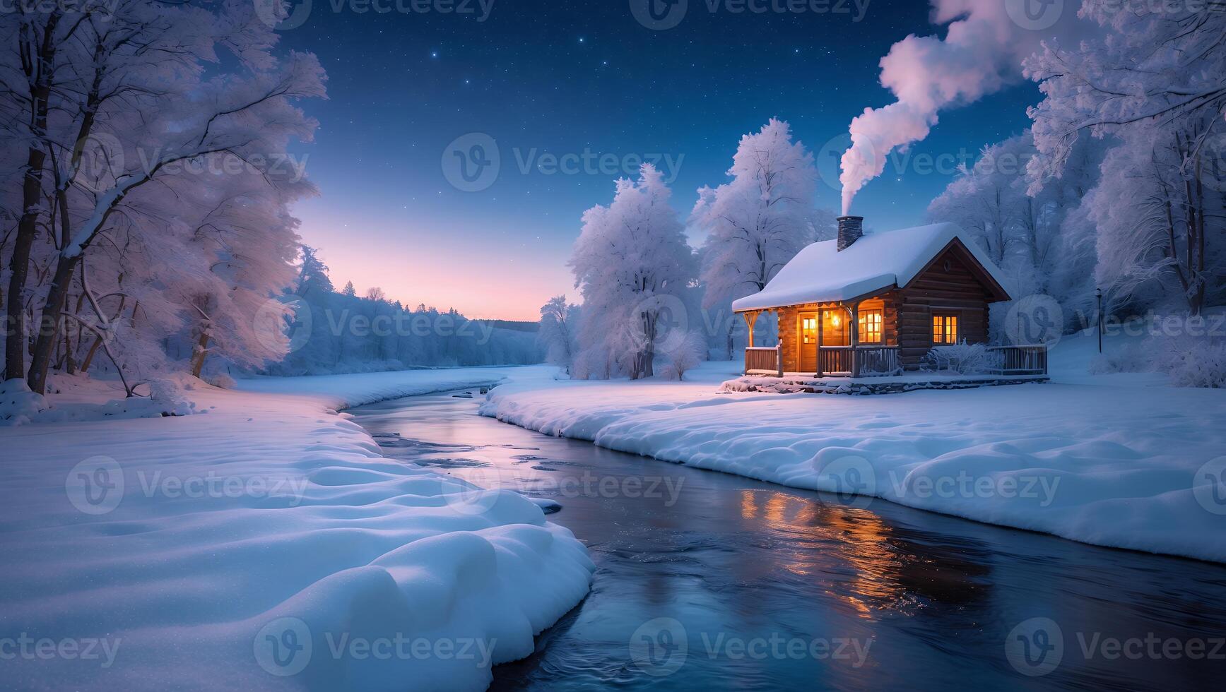 Cozy Log Cabin by Snowy River at Dusk in Winter Landscape photo