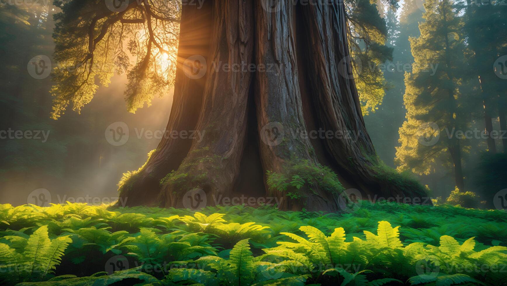 Majestic Old Growth Tree with Sunlight in a Lush Forest Setting photo