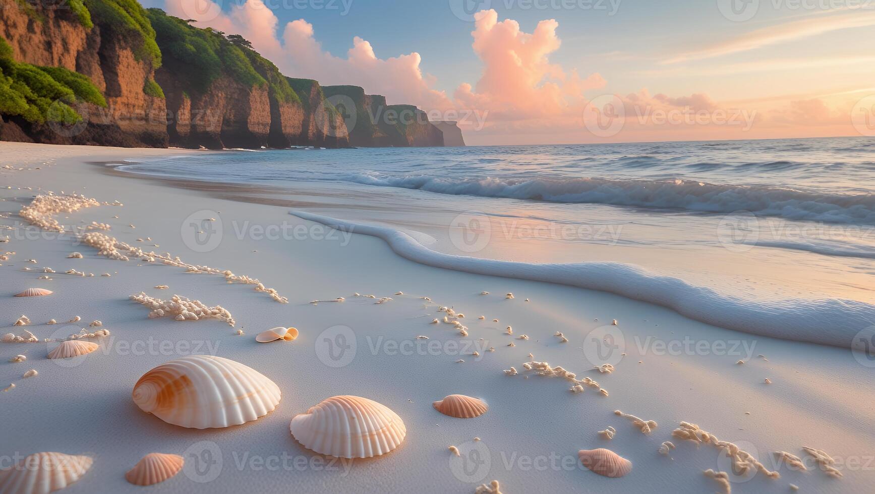 Seashells on Tropical Beach with Ocean Waves and Sunset Sky photo