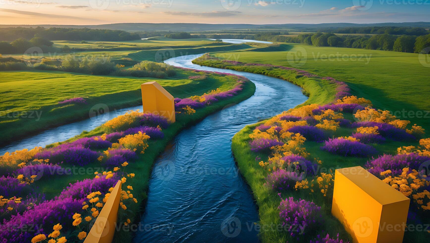 River Flowing Through Green Fields and Colorful Flowers Scenery photo