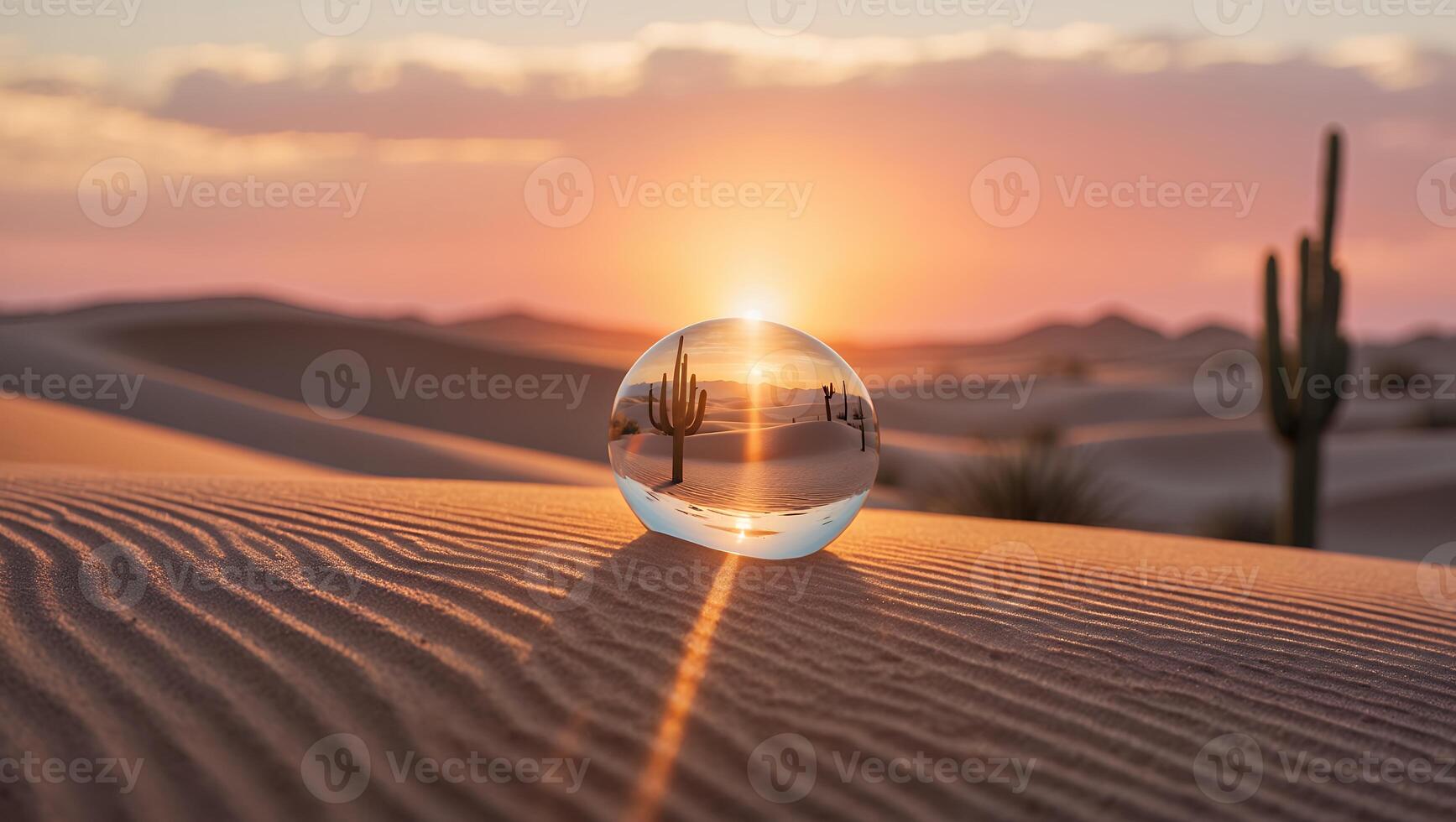 Desert Cactus Landscape Reflected in Crystal Ball at Sunset Time photo