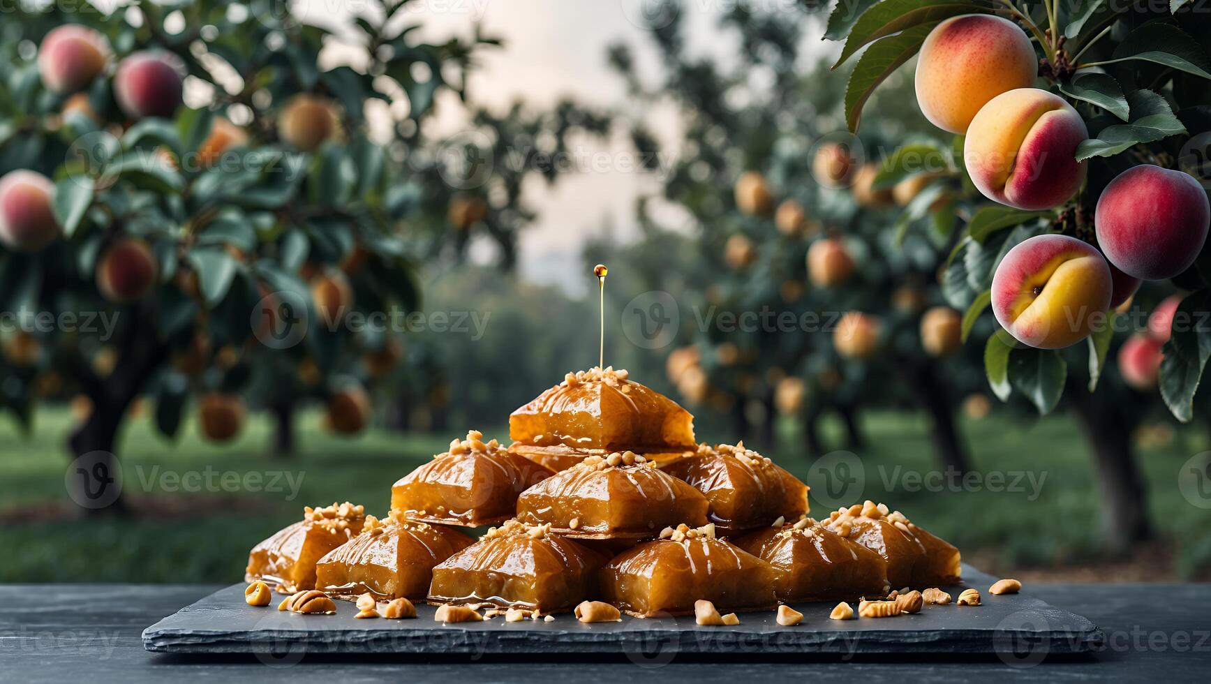 Stack of Sweet Pastries with Honey Drizzle in Peach Orchard Setting photo