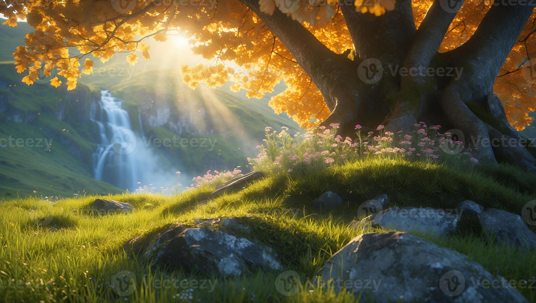 Waterfall View Through Golden Tree Branches Over Green Grassy Field photo
