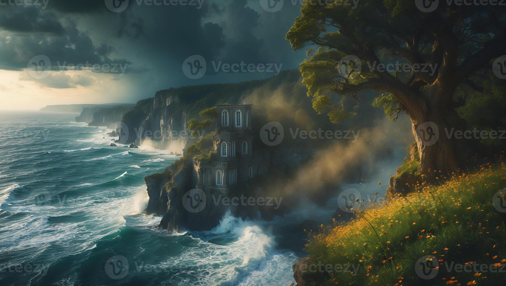 Dramatic Cliffside Scene with Waves Crashing and Ancient Structure photo