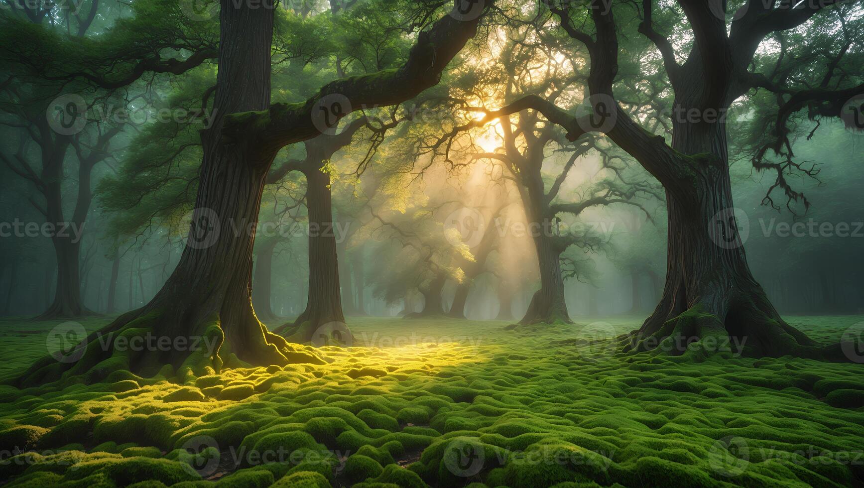 Mystical Forest with Sunlight Streaming Through Trees and Mossy Ground photo
