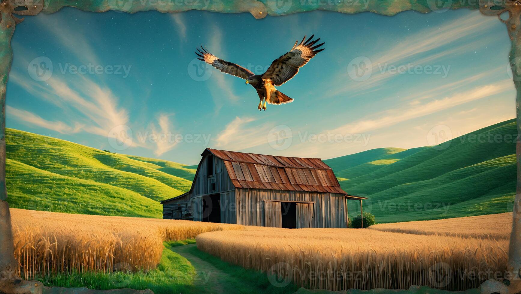 Eagle Flying Above Wheat Field and Barn in Summer Countryside photo