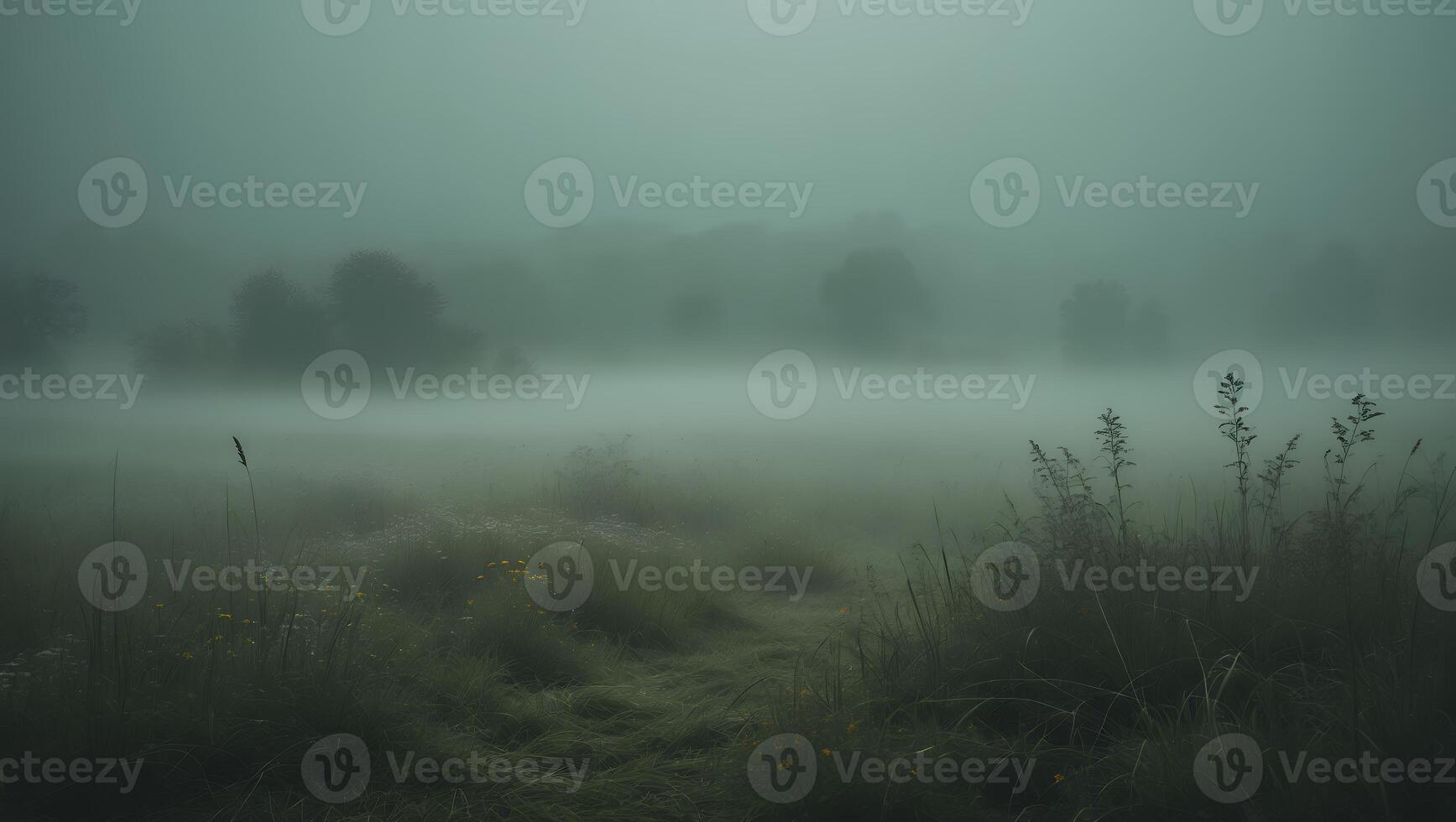 Foggy Landscape Scene with Meadow Grass and Trees in Mist photo