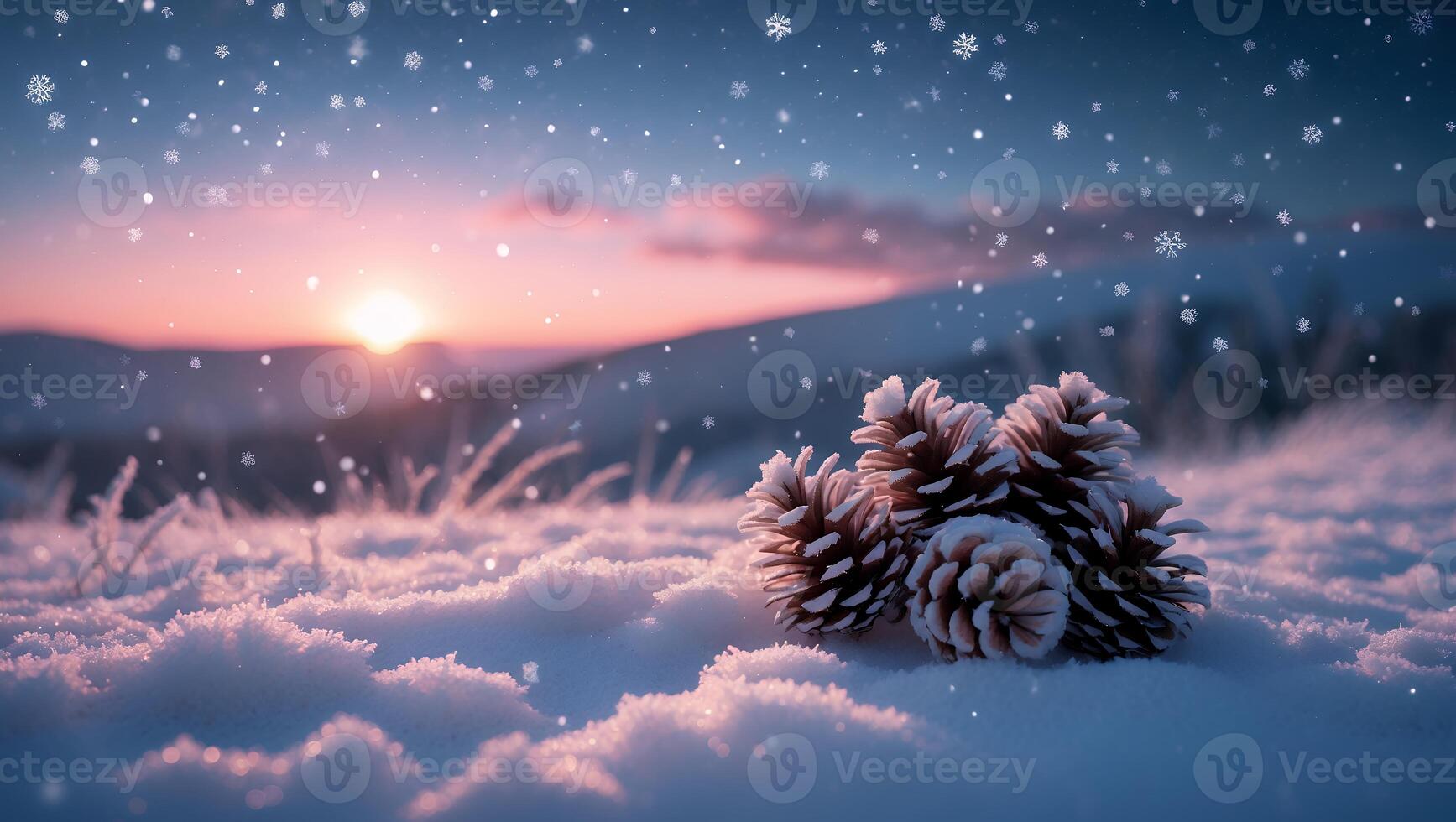 Pine Cones in Snowy Winter Landscape with Sunset and Falling Snow photo