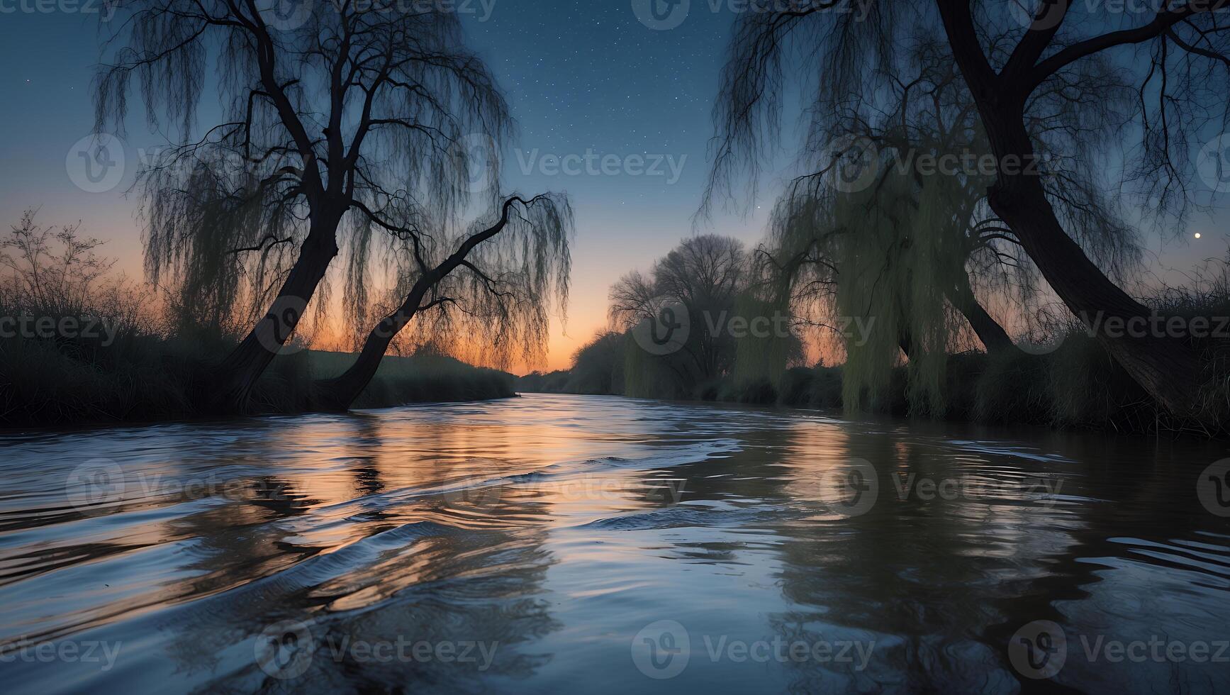 Scenic River Flowing with Reflections Under Evening Sky and Weeping Trees photo