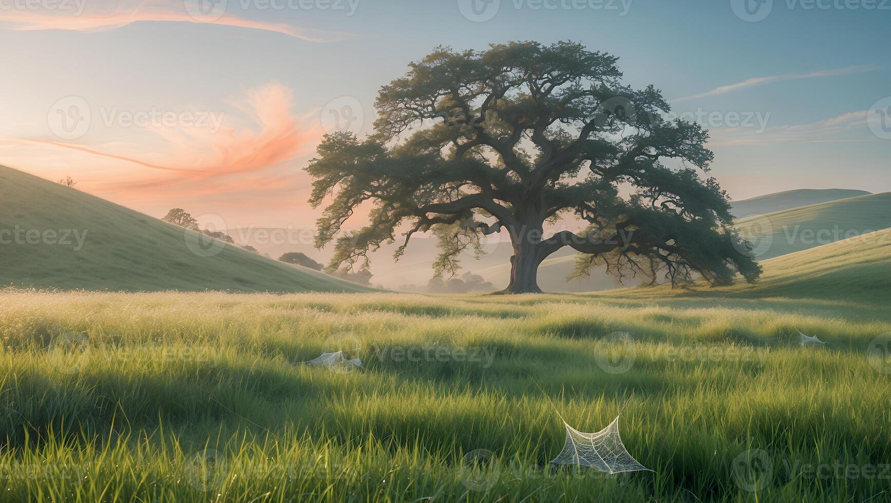 Standing Tree in Green Field with Spiderwebs at Sunrise photo