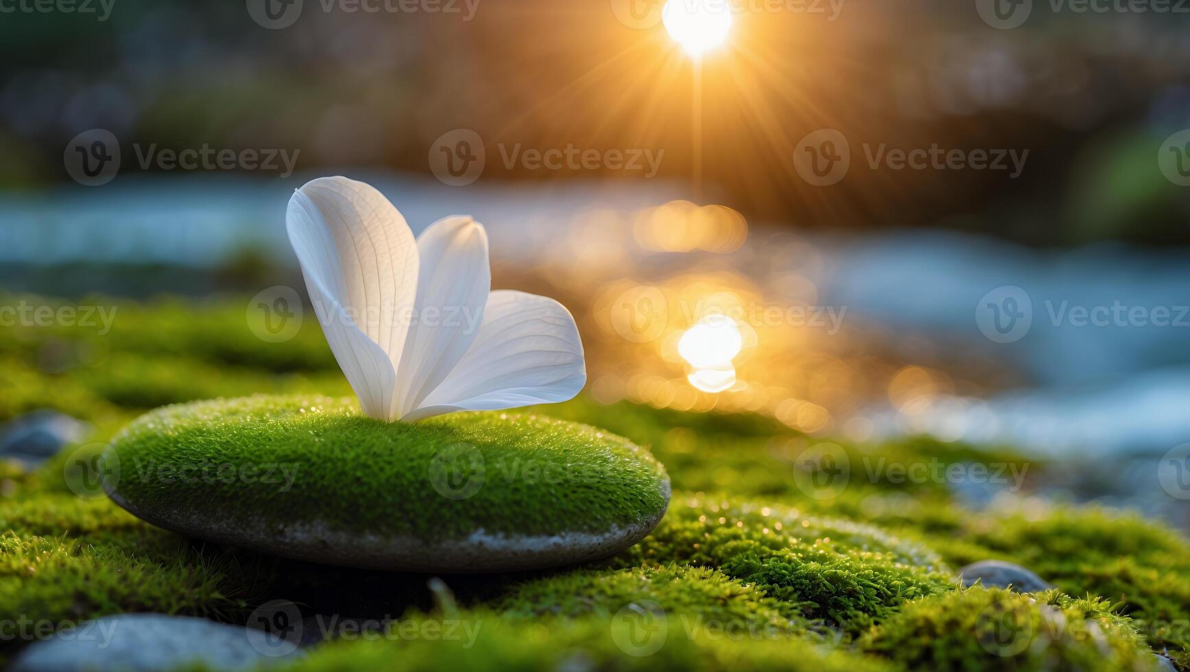 White Flower on Mossy Stone Near Flowing Water at Sunset photo