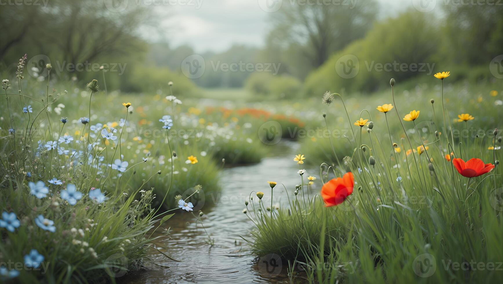 Stream Flowing Through Meadow of Wildflowers Creates Tranquil Landscape Scene photo