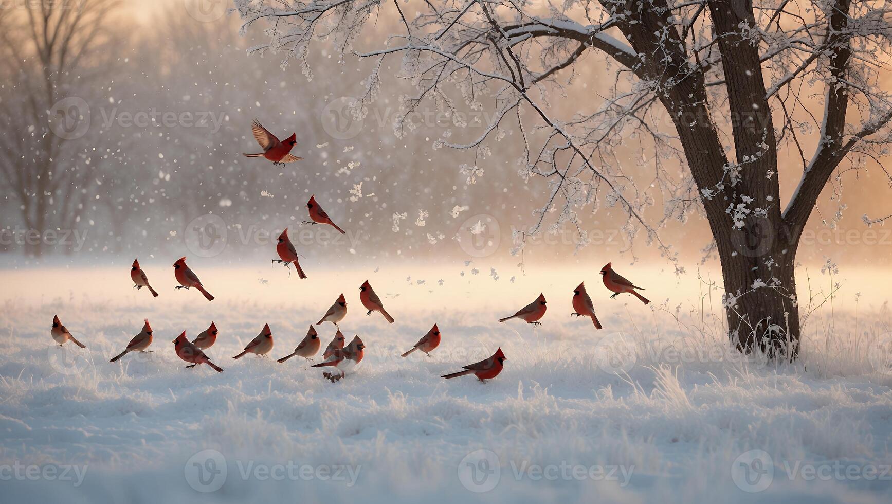 Cardinals Gathering in Snowy Field Under Tree on a Winter Day photo