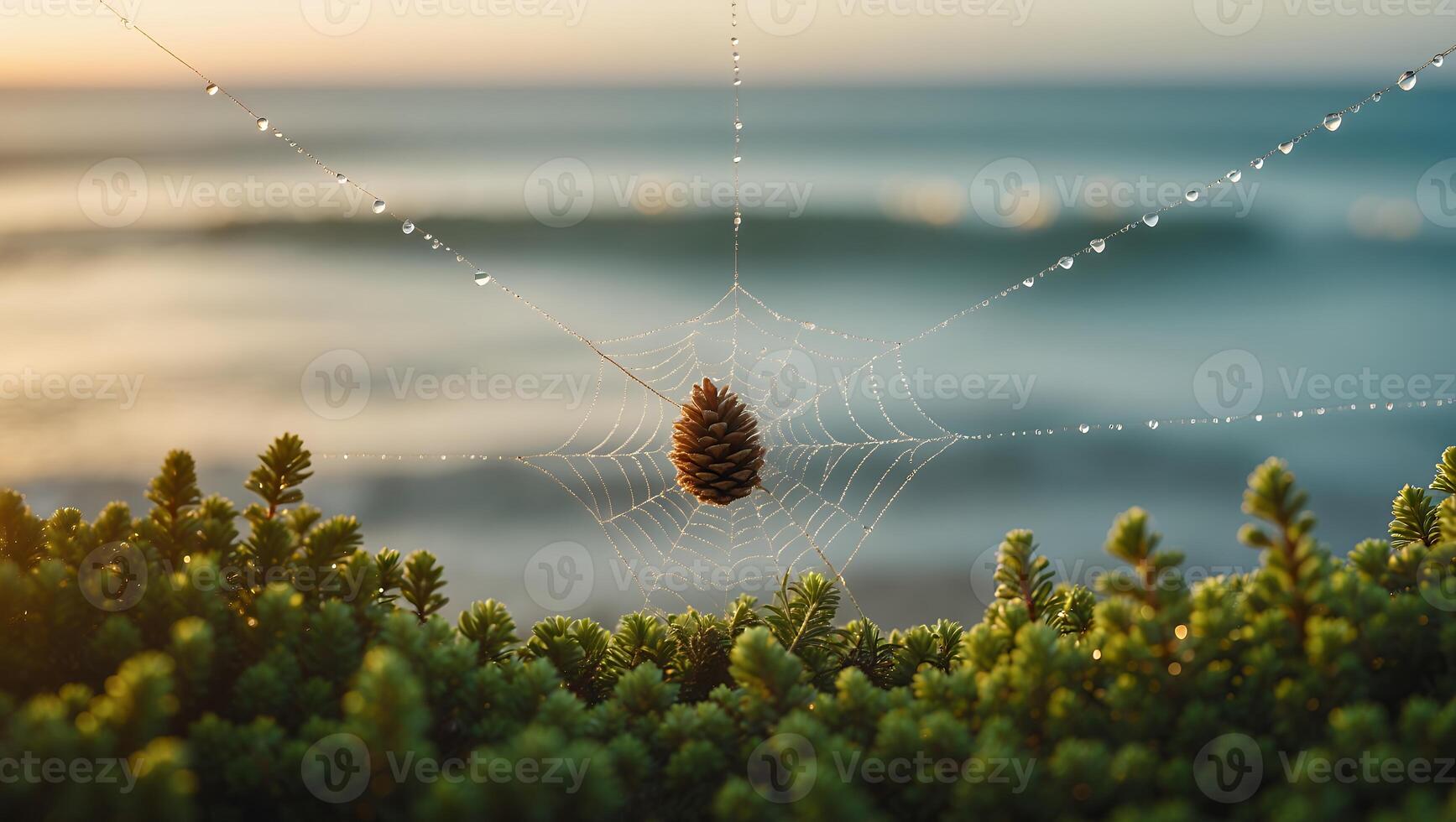 Pinecone Hanging in Spiderweb Covered in Dew Drops by Ocean photo