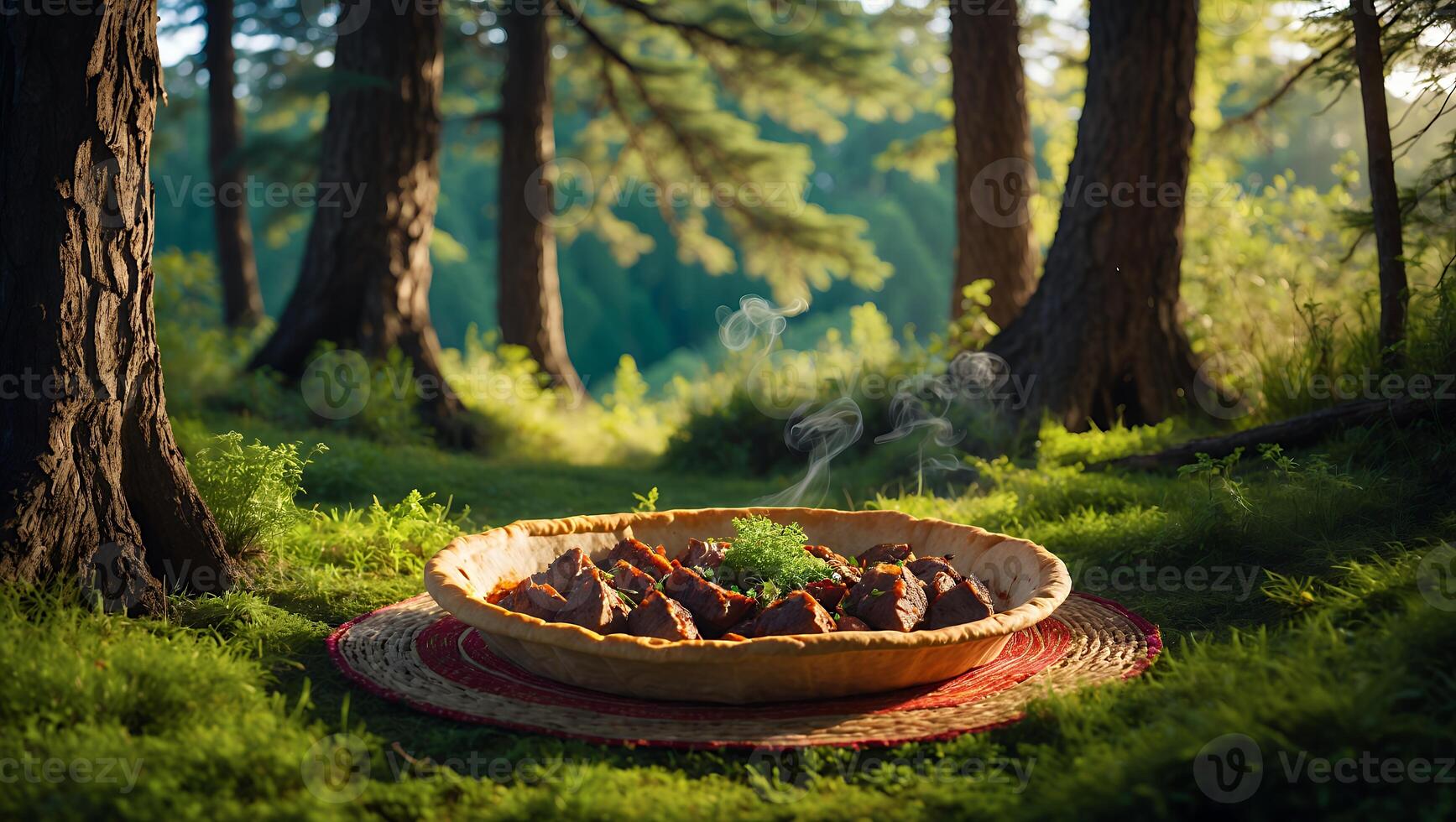 Savory Meat Pie Steaming on Grass in Forest Setting photo