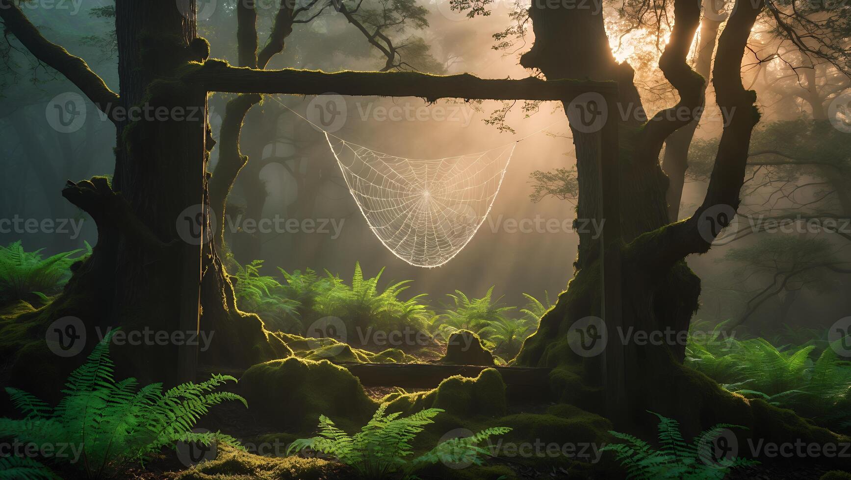 Spiderweb Forest Scene in Foggy Woodlands with Sun Rays photo