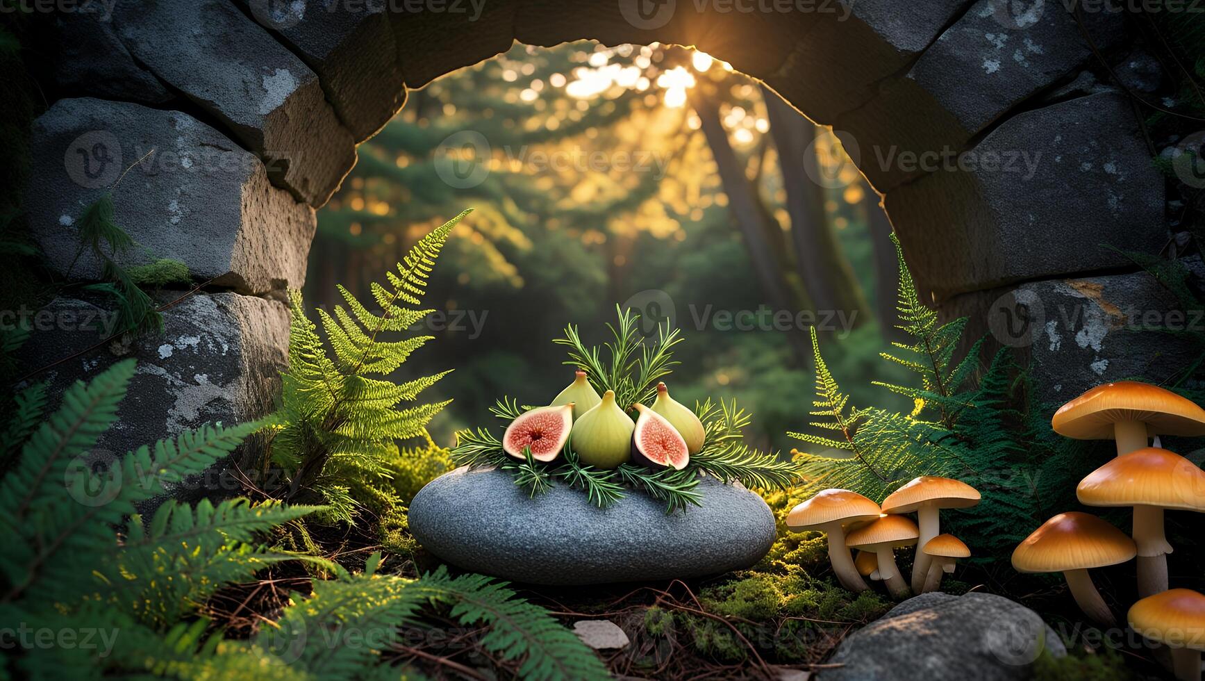 Arranging Figs on Stone Slab in Forest Setting with Mushrooms photo