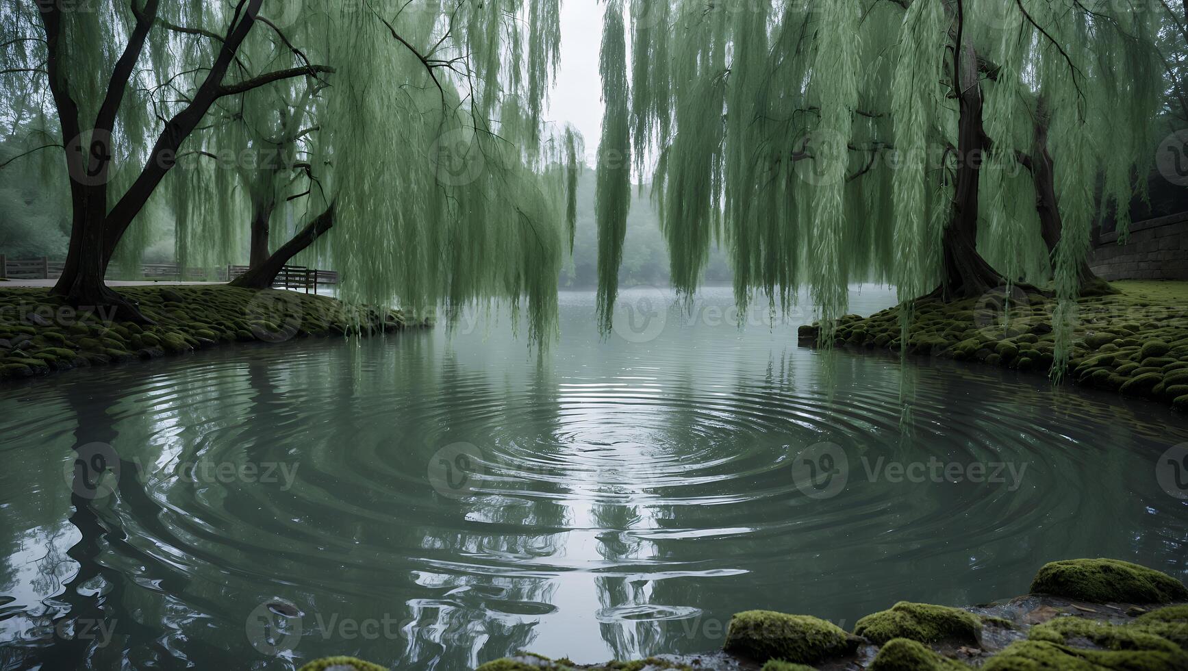 Gentle Ripples Expanding on a Tranquil Lake Under Weeping Willow Trees photo