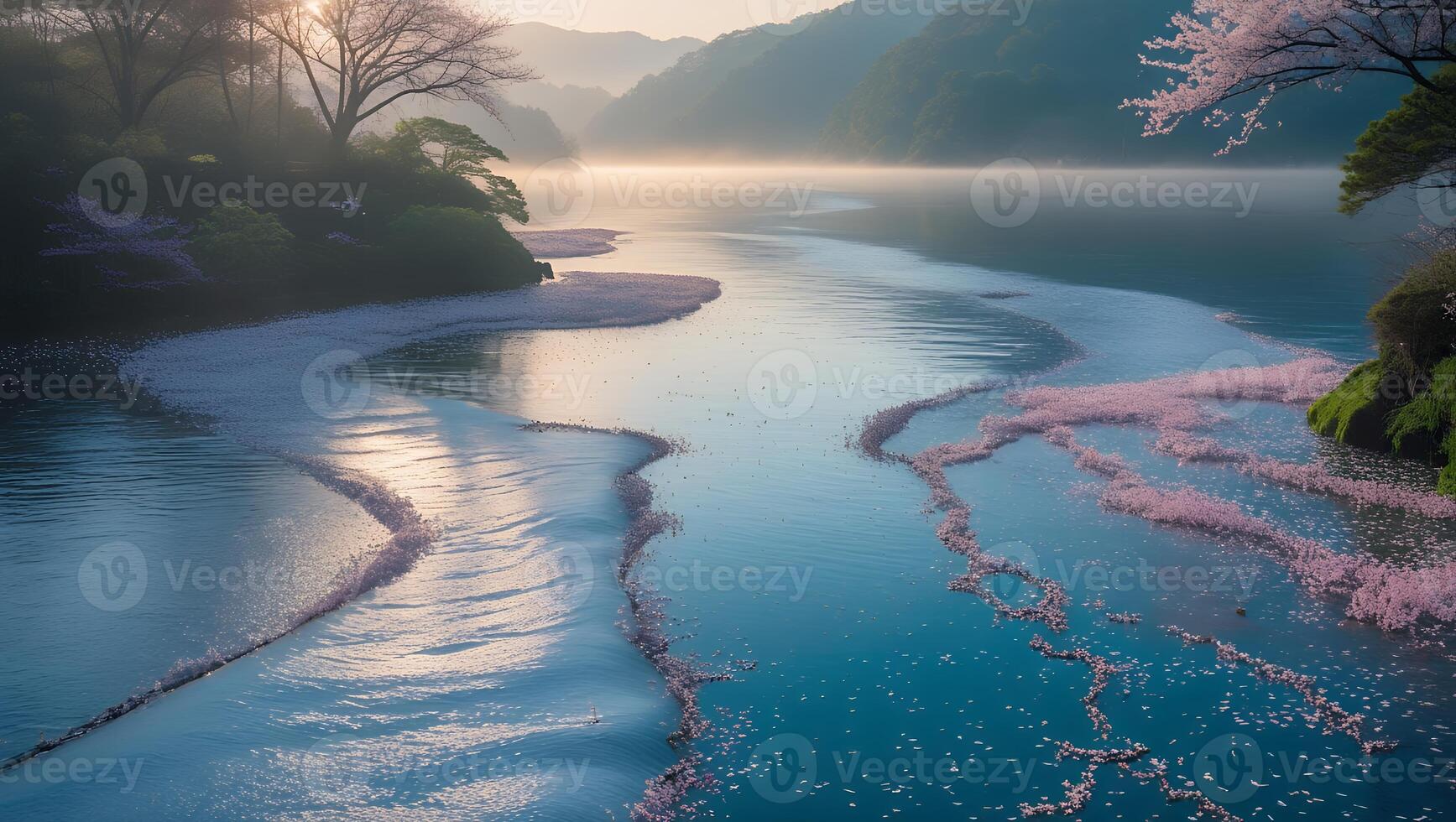 Calm River Flowing with Pink Petals in a Spring Landscape photo