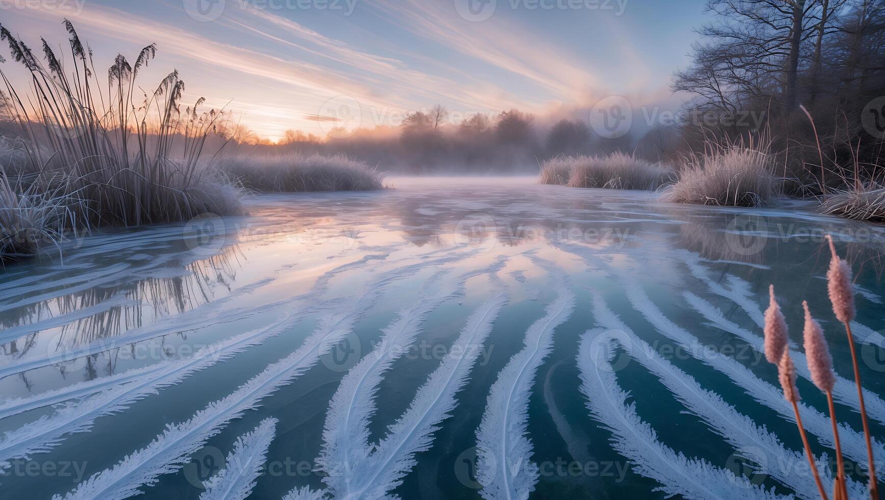 Frozen Lake Landscape at Dawn with Ice Patterns and Fog photo