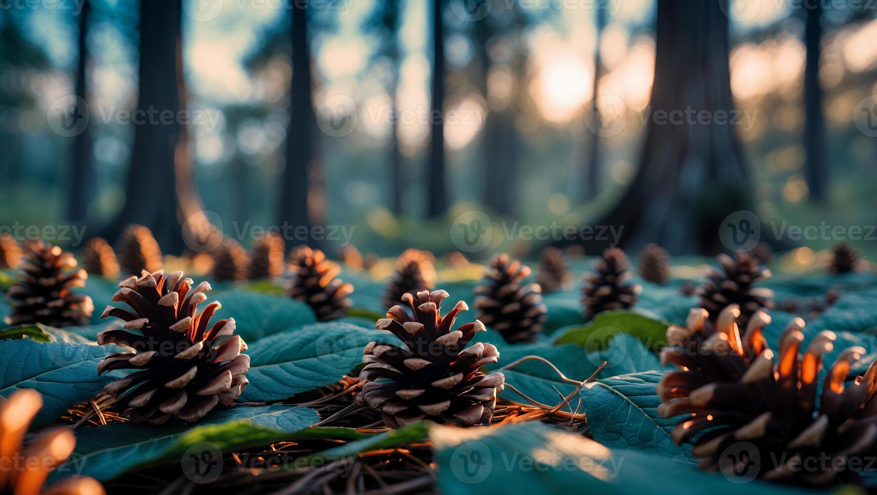 Pine Cones Lying on Leaves in Forest with Sunlight Streaming Through photo
