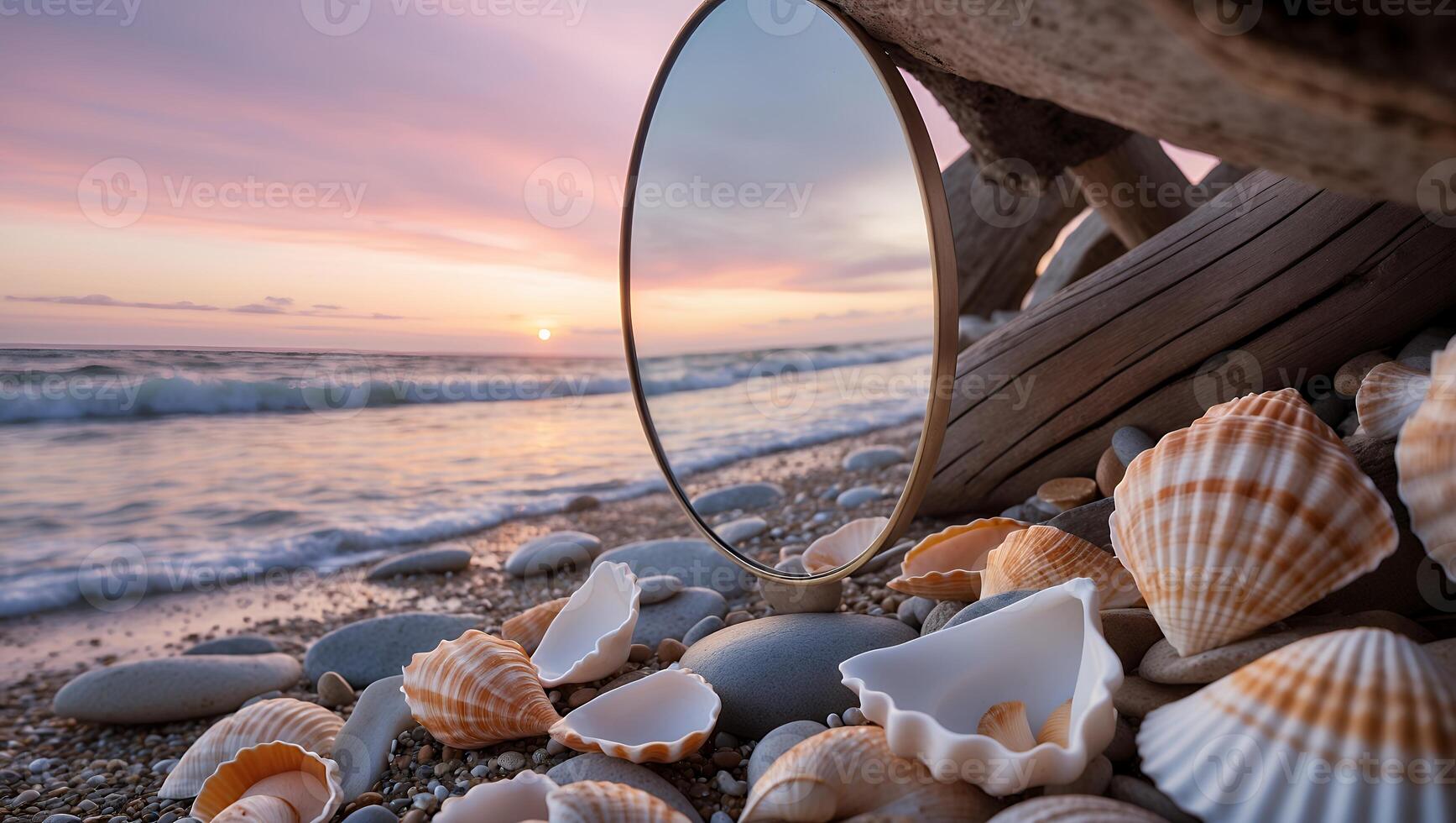 Mirror Reflecting Beach Sunset with Seashells and Driftwood Still Life photo