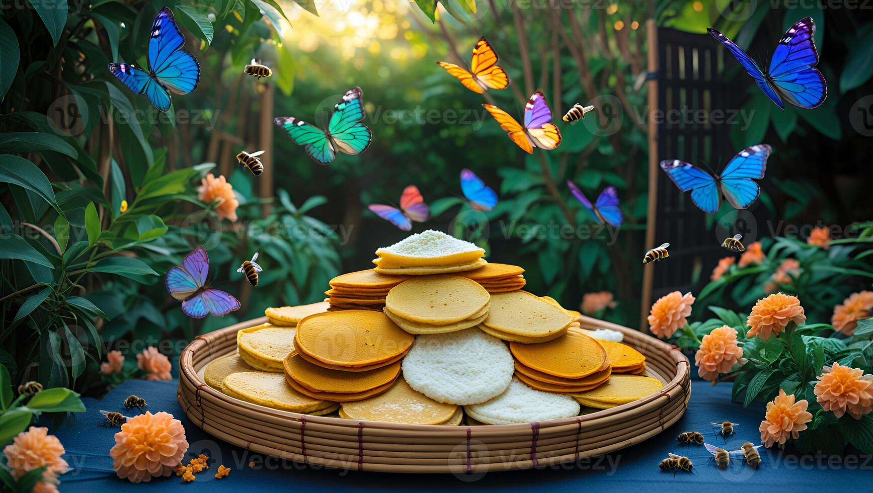 Pancake Stack with Butterflies and Bees in a Lush Garden Setting photo